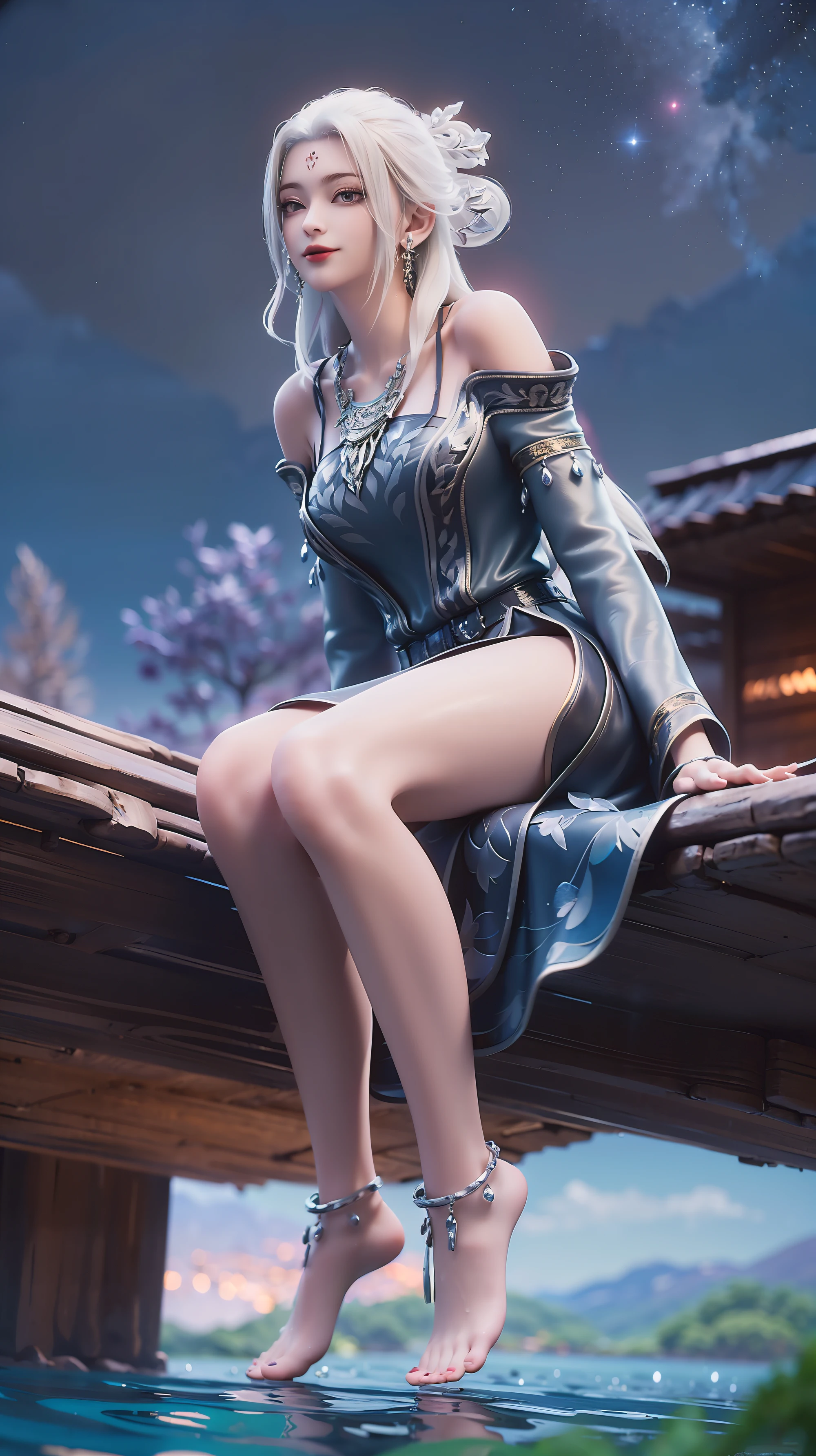 ((Biologically correct number of limbs))、(( Full body image（Including the face）))、4K、masterpiece、((Focus on the face))、((Symmetrical facial features))、The eyes are described in detail、Beautiful woman、Outstanding style、Beautiful arms、Beautiful legs、beautiful hands、(slim)、Facial details、Small earrings、necklace、(white shiny、Shiny dress、barefoot、radiant skin）Smile、（Beautiful legsのアップ）、Sweat，Starry Sky，Starry Sky Background，Deep View，above water