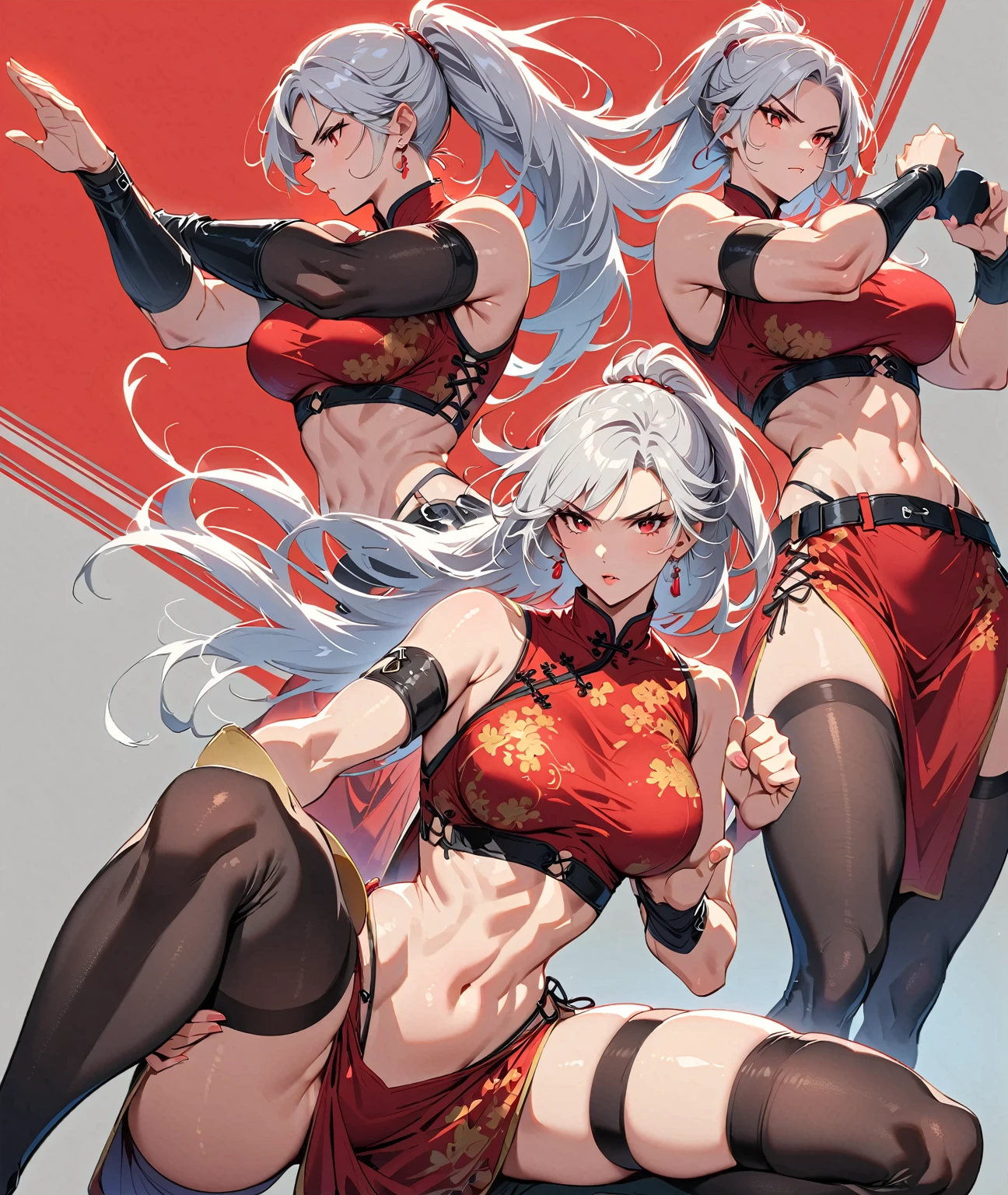 tall beautiful muscular woman and doing a fighting pose, six pack , silver hair and red eyes, Chinese dress crop top, and leggings thigh highs, full body portrait