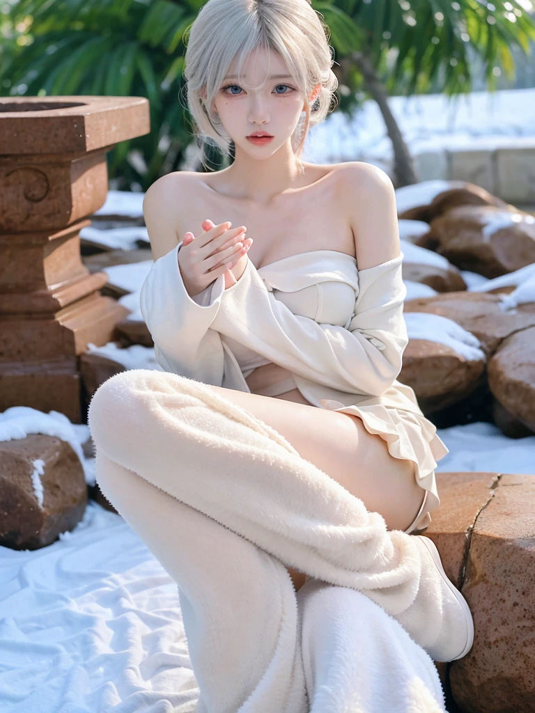 Beautiful woman with perfect figure:1.4，snow，Touching butt with both hands，snow背景，Layered Hairstyle，White skin，Prominent cleavage，Pleated Skirt，whole body，Very delicate face and skin texture，Double eyelids，Skin Whitening，Long white hair