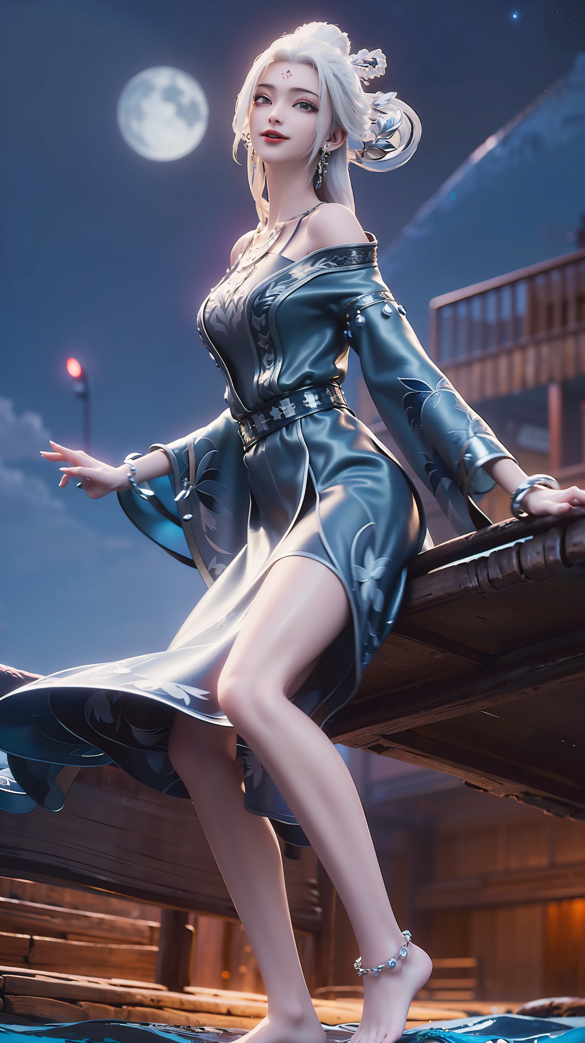((Biologically correct number of limbs))、(( Full body image（Including the face）))、4K、masterpiece、((Focus on the face))、((Symmetrical facial features))、The eyes are described in detail、Beautiful woman、Outstanding style、Beautiful arms、Beautiful legs、beautiful hands、(slim)、Facial details、Small earrings、necklace、(white shiny、Shiny dress、barefoot、radiant skin）Smile、（Beautiful legsのアップ）、Sweat，Starry Sky，Starry Sky Background，Deep View，above water