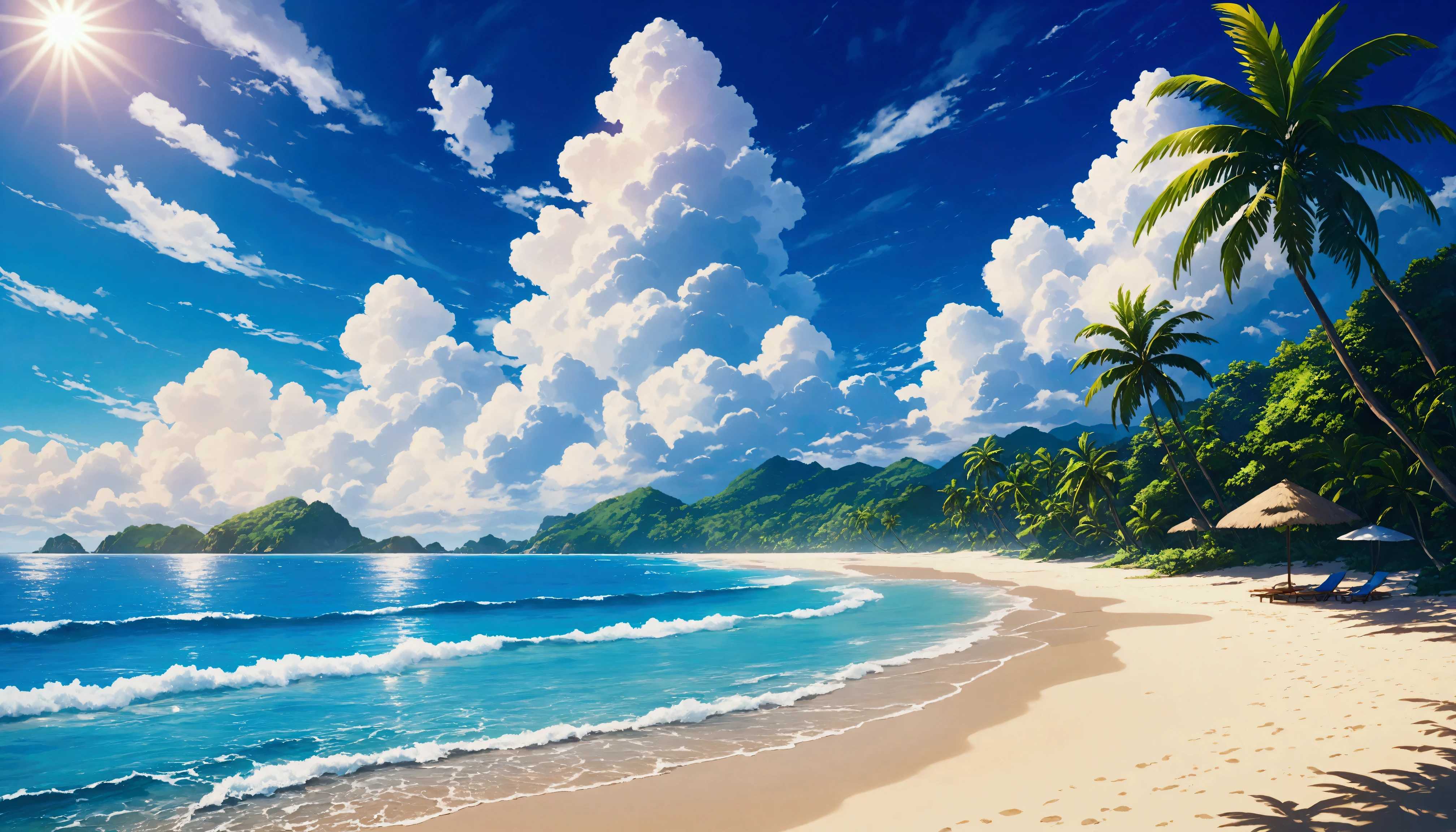 Tropical Beach,Summer Clouds,Daytime,Highest quality, 8k, High resolution, masterpiece:1.2, Very detailed, Realistic:1.37, High resolution, 超High resolution, Very detailed, Professional, Vibrant colors