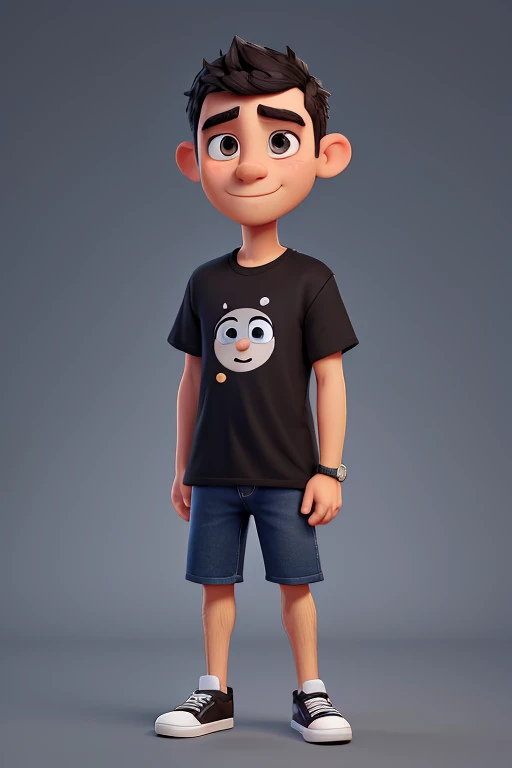 Draw a 33-year-old man with half-slanted eyes., dark, very short black hair, a little big-eared with an expansion in the left ear, light tan, medium nose, lips a little thick, black t-shirt dress and blue jeans with black sneakers