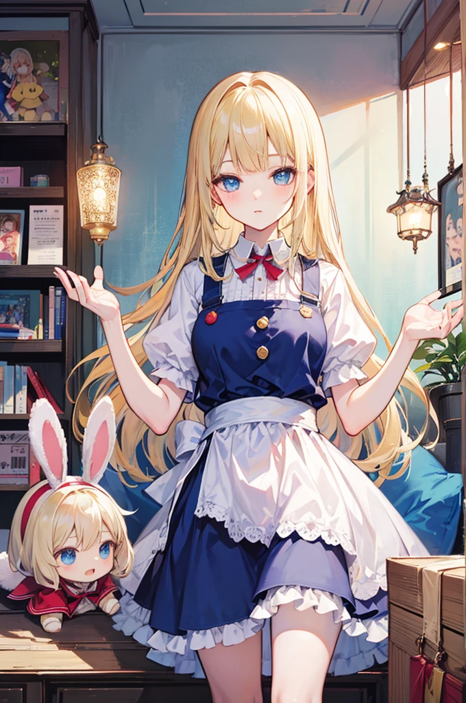 Alice漫游仙境，fairy tales，((Alice))，Light blond long hair，Blue Eyes，Well-behaved and cute，Toy Room，Rabbit Doll，