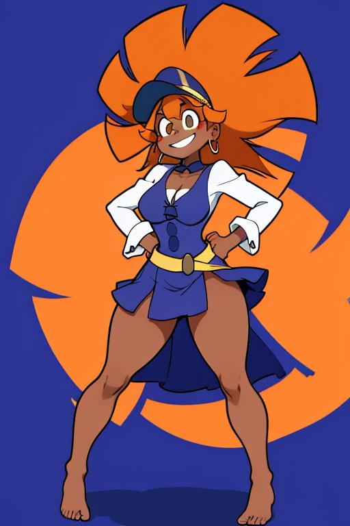 (best quality, top quality), masterpiece, best quality, 1girl, solo, dark skin, dark-skinned female, big hair, orange hair, blue headwear, blue_cap, brown eyes, ear piercing, smile, teeth, breasts, medium breasts, thick thighs, barefoot, luna nova , miniskirt, belt, full body,