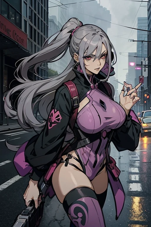 Adult Anime Girl 2d Long Hair Loose light Purple-Grayish, Age Adulthood adult, with lady Deadpool cosplay flaying with style while shooting her guns with a evil expression in a middle of the street with caos, smoke and rain, she is flying