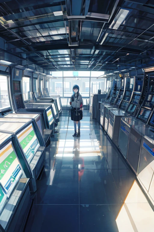 A girl around , a little more mature, acti casually dressed, with medium-long ash blue hair and beautiful jade-colored almond eyes, about 125cm tall, in the lobby of an outer space relay spaceport, there are a moderate number of people behind her, there is a check-in counter in the far right corner, a potted plant, a planet can be seen beyond the window on the left, she is pulling a travel cart, standing to the right, facing left and looking out the window, it seems like she is looking down from a little above