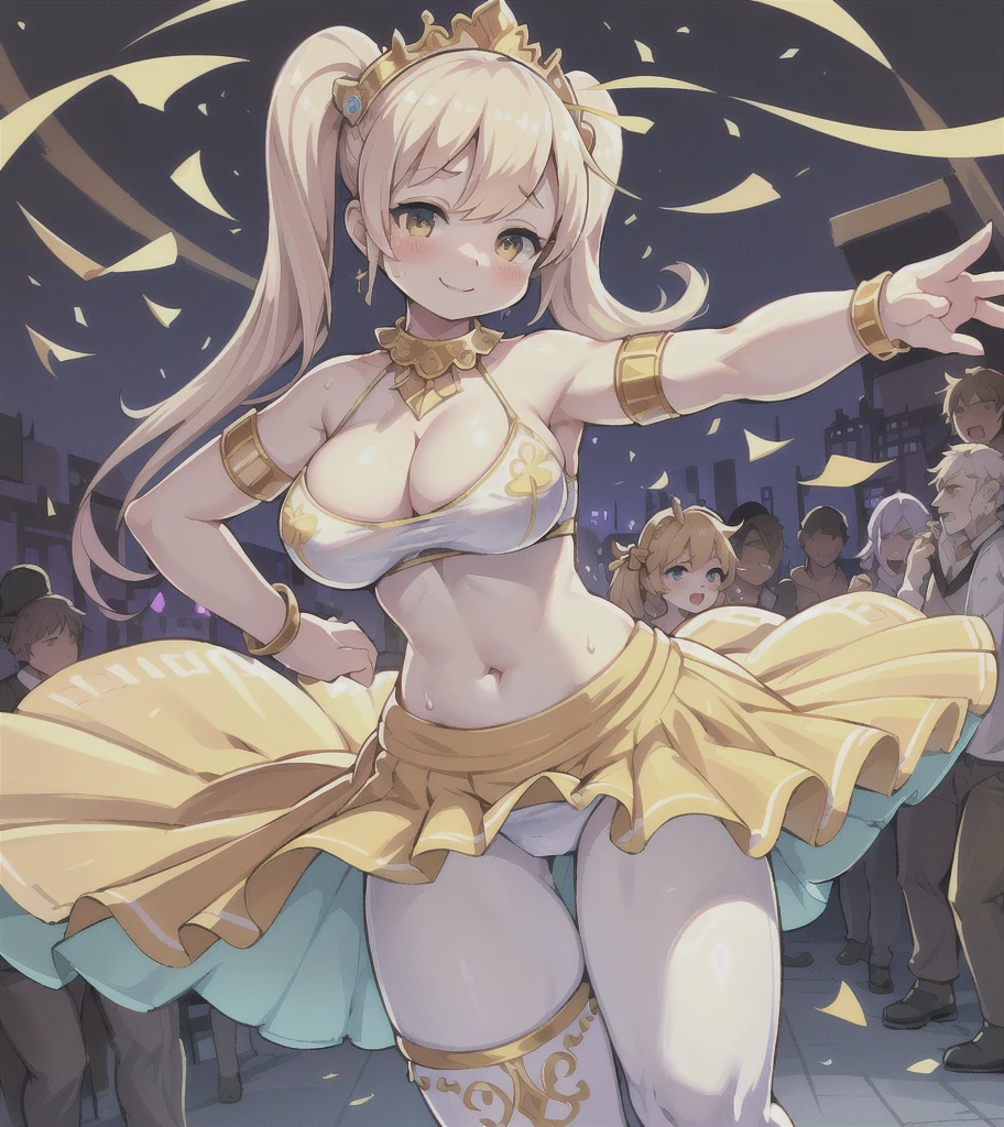 Highest quality, 8k, (One Girl:1.3, Full body portrait),(((Big Breasts:1.1))), (Colorful illustration:1.4), (masterpiece, Highest quality, Official Art), ((Very delicate and beautiful)), ((Gorgeous dancing girl costume、Gold embroidery, Face Veil, See-through harem pants)), ((Smiling dancing girl)), ((Spotlight, Confetti)), (((Fantasy World, Male crowd in the background:1.3, Watching the dancers))), (Sweat flying), (Sexy and dynamic dance), Tavern, (Shining jewels on the waist and chest, bracelet, Decorative collar), ((Twin tails))