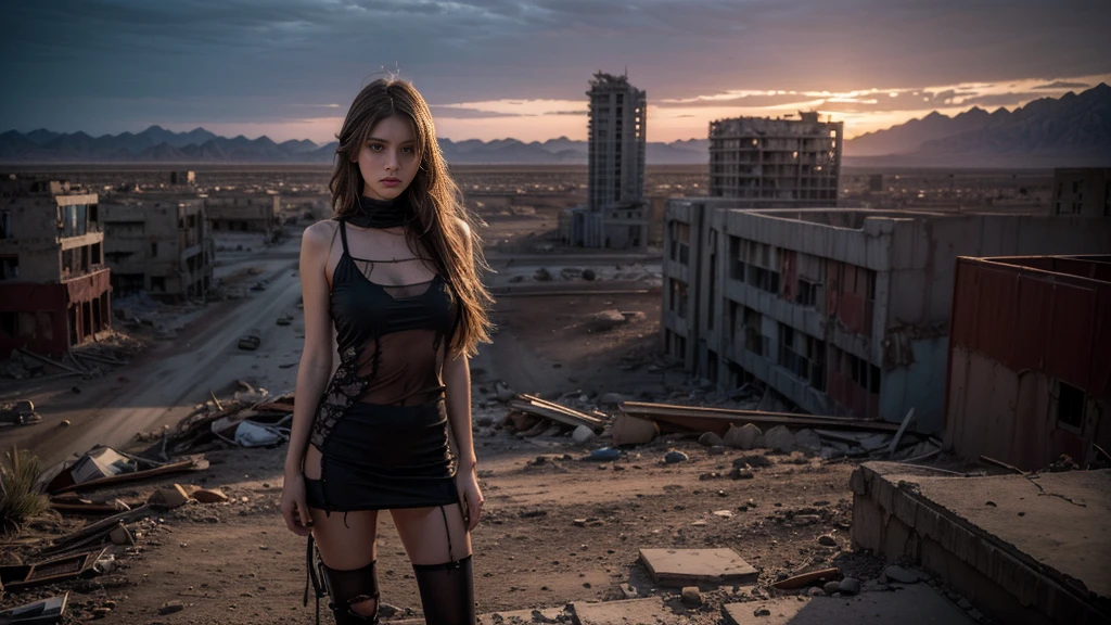 ((masterpiece, best quality, Highest image quality, high resolution, Reality, RAW photos, 8K)), Future city ruins,The post-nuclear world,desert,Beautiful girl,Broken clothes,Pretty face,dirty,Closed mouth,dramatic,Mid-range portrait,dusk