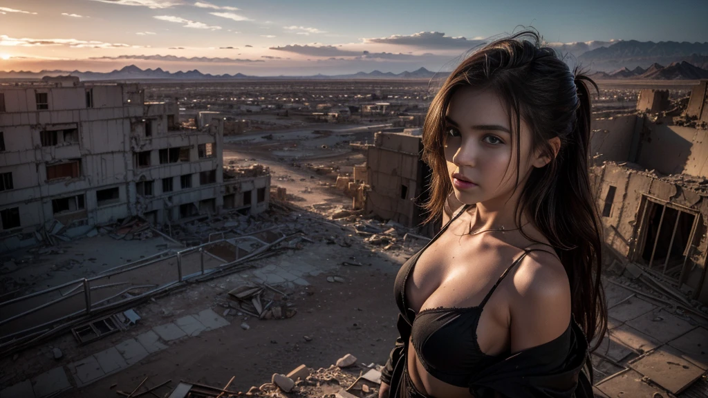 ((masterpiece, best quality, Highest image quality, high resolution, Reality, RAW photos, 8K)), Future city ruins,The post-nuclear world,desert,Beautiful girl,Broken clothes,Pretty face,dirty,Closed mouth,dramatic,Mid-range portrait,dusk