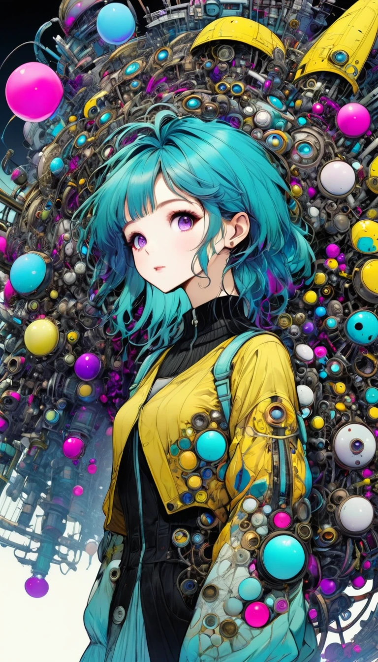((pay attention to the plan:1.5, General plan, all-body:1.5)), 1 beautiful girl in technical clothes, Mechanical spider, circles, fractals,(black outline art) by Yoshitaka Amano,Travis Charest. colors, land, Cyan, yellow, Unripe. magenta, violet, Cyan, High definition, image hypersharpness,(best qualityer:1.3, 32 mil,High definition:1.3, 4x ,ultra sharp, high resolution, proffesional) ,cinematographic, Fisheye photography:1.6,