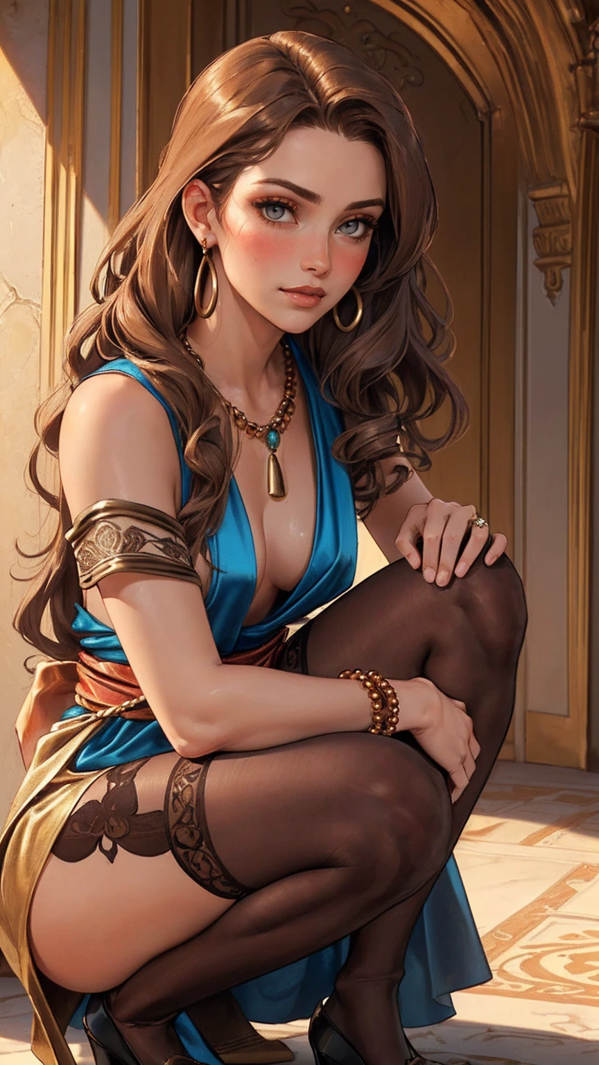 240710B. Masterpiece. A hyper realistic image of Claire. Beautiful woman. ((Perfect body)). Sexy. Slim. ((Solo)). ((Ur, Sumer (3000 BCE). In the Opulent indoor room with carved walls and ancient artifacts. Sheer bronze tunic with intricate embroidery, matching sash. Sheer bronze stockings. Hairstyle: Long wavy hair, adorned with beads. Makeup: Earthy tones, bronze blush. Beaded necklace, bronze bracelets.)). (((((Open legs, squatting, squirting, masturbating))))). (See-through, bare pantyhose). ((Show erected small areolas thru clothes)). ((((Show trimmed vulva)))). ((Divine features, oval face)). Graceful presence. (Captivating and perfect grey eyes). (Silky ginger hair). Rosy tint complexion. Captivating smile with enchanting lips. Slender figure. ((Perfect hands)). Sense of style with alluring charm. Effortless elegance, sophisticated. ((High fashion image)). (((((Cowboy shot))))).
