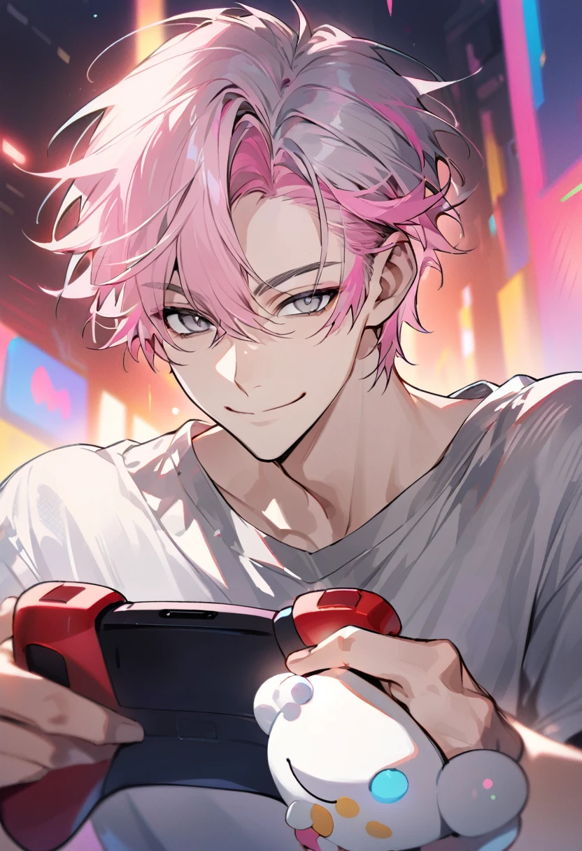 Handsome, solo, 1 male, super short hair, pink hair, smile facial, (shirt), (((sharp grey eyes))), ((little smile)), (((closed mouth))), ((((holding game pad)))), wide shot