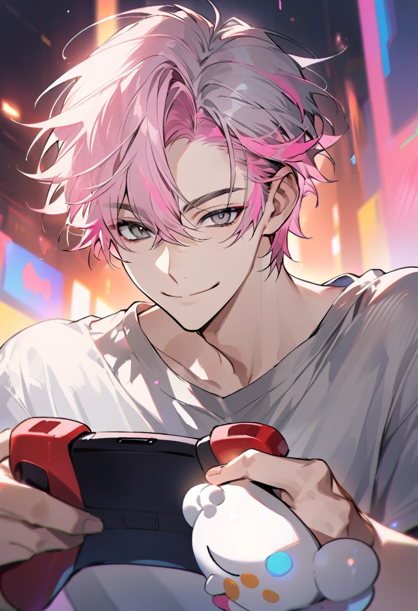 Handsome, solo, 1 male, super short hair, pink hair, smile facial, (shirt), (((sharp grey eyes))), ((little smile)), (((closed mouth))), ((((holding game pad)))), wide shot