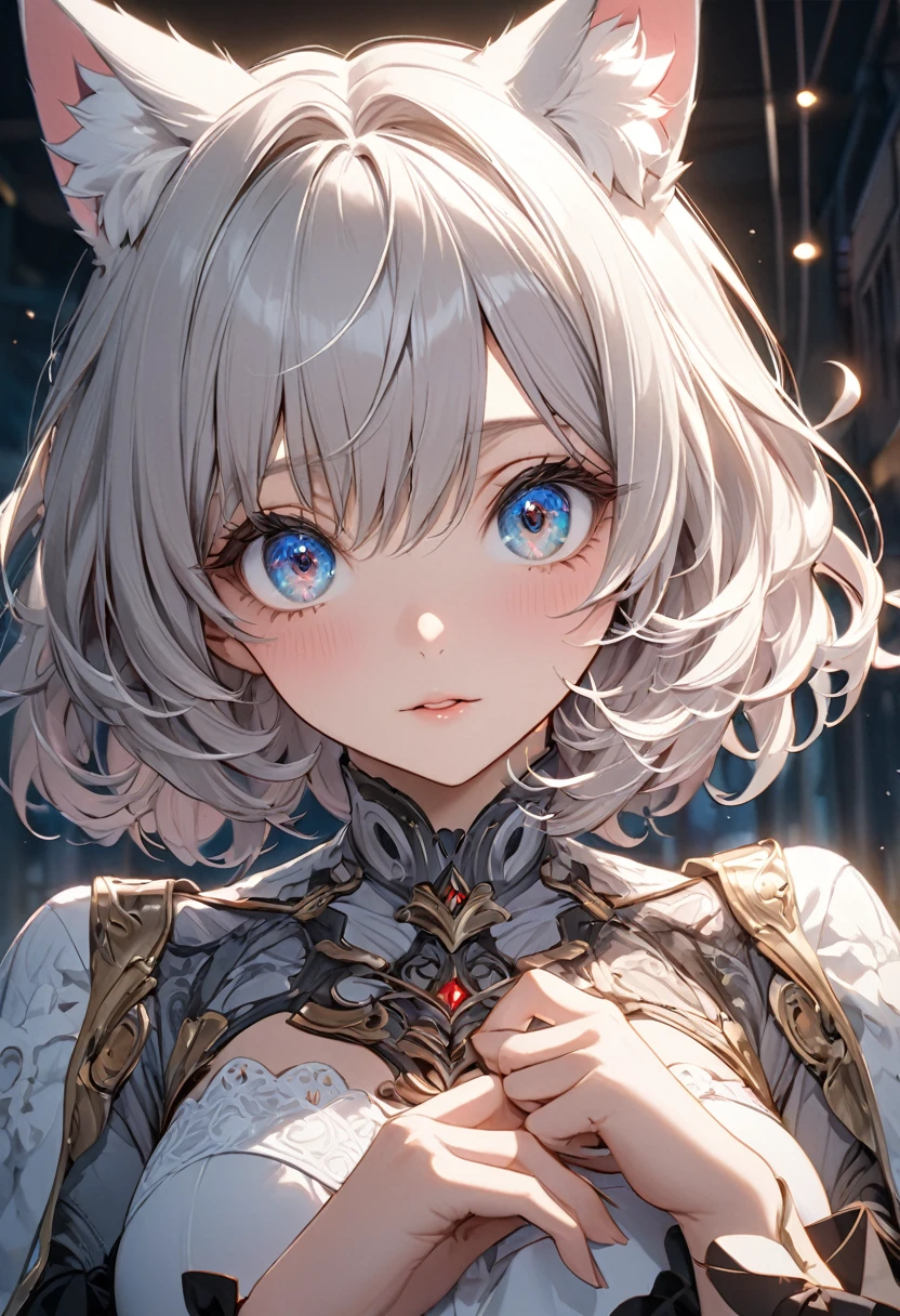 neferpitou, neferpitou, short hair, (red eyes:1.5), animal ears, tail, white hair, shorts, cat ears, cat tail, curly hair, (small breast:1.2), BREAK looking at viewer, BREAK outside, BREAK (masterpiece:1.2), best quality, high resolution, unity 8k wallpaper, (illustration:0.8), (beautiful detailed eyes:1.6), extremely detailed face, perfect lighting, extremely detailed CG, (perfect hands, perfect anatomy),