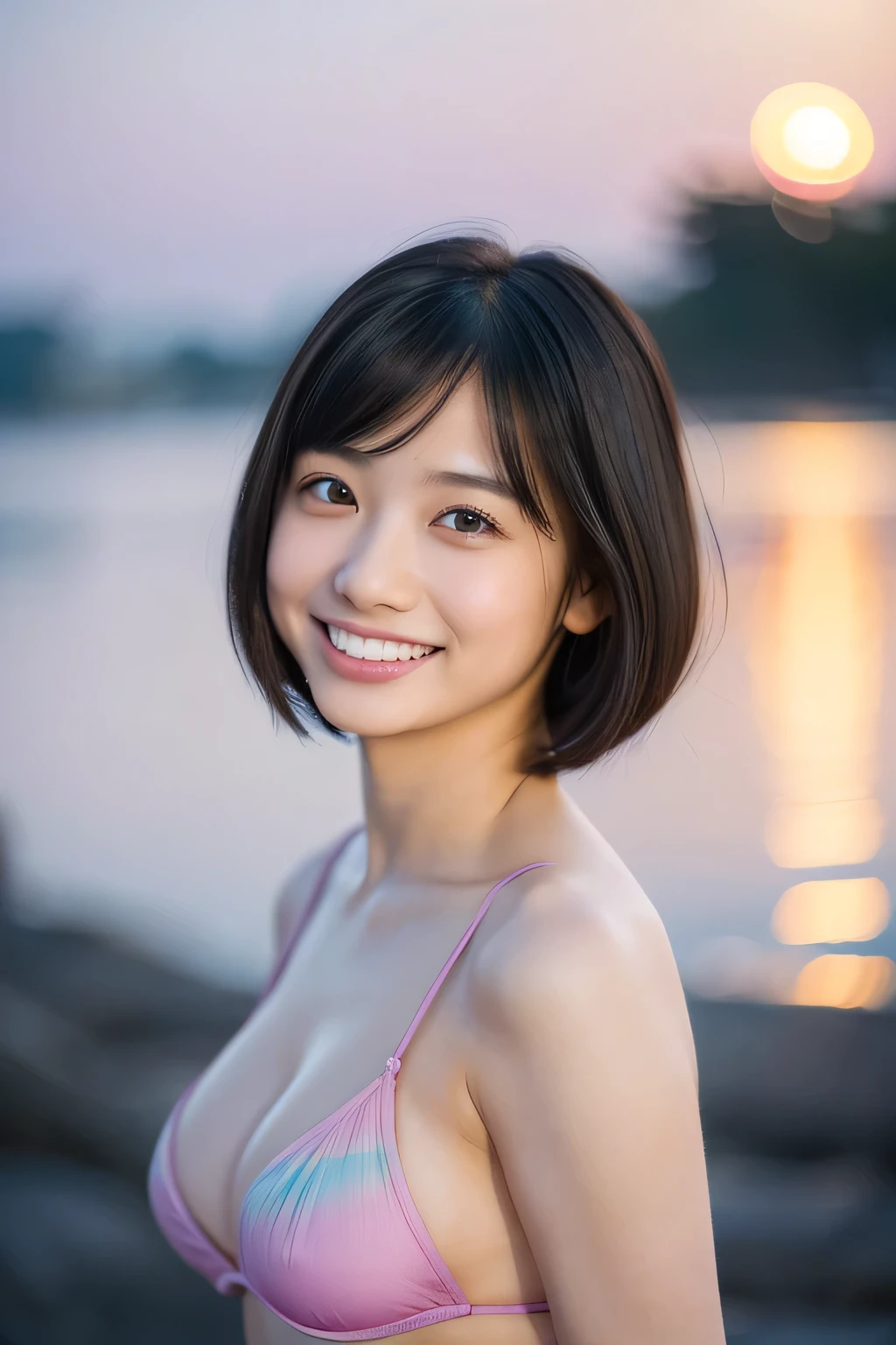 (Hyper Reality: 1.35), (Realistic: 1.4), A beautiful Japanese woman, smile, alone. masterpiece, 最high quality, high quality, alone, Very good, Latin, puberty, Only one girl, Well-trained, muscular, ((slim body)), small nipples, llarge breasts, ((最high quality)),((Hello)),((Very delicate and beautiful)),((Very shallow depth of field)), Hmph,((Incredibly shallow depth of field)). family friendly)), (((Very delicate and beautiful)), (((Very shallow depth of field))), Hmph, (((Unbelievably absurd))), (((Black Hair )), (((Shortcuts))), (((Bob Hair))), ((( Camera Eye)))), (((small ))), (((A happy and wonderful smile))), poor, my + background, Dynamic Angle, Focus on women, {Particles of light}, Detailed background, Soft lighting, (dramatic) sunset), sunset, very beautiful sunset, Live Action, Realistic, cute smile, (blurred background), ,, (((wind))), ((Movement)), ((emotion)), ((colorful)), ((Baby Face)),ful Teeth)), Wither, sea background, No makeup, full body, ((underboob)), micro bikini,