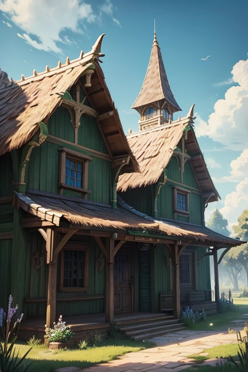 Adventurer's guild, made of white wood, green yard, cloudy blue sky, front view
