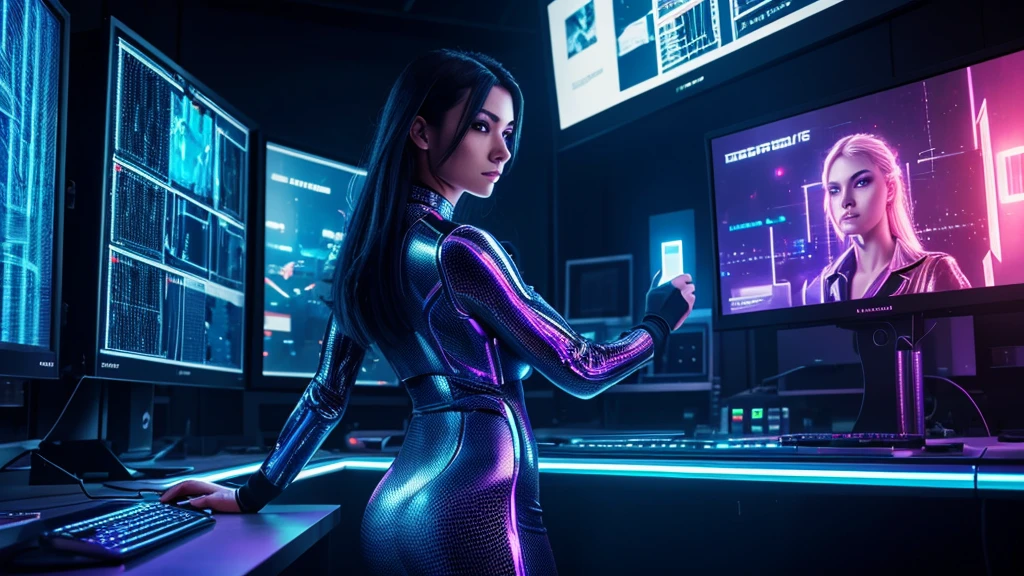 a female scientist, with her back to camera, looking at a large screen, in a dark laboratory, computer monitors, holographic displays, cyberpunk style, detailed face and eyes, long eyelashes, detailed hands, intricate cyberpunk outfit, futuristic technology, neon lights, dramatic lighting, cinematic composition, photorealistic, 8k, (best quality,4k,8k,highres,masterpiece:1.2),ultra-detailed,(realistic,photorealistic,photo-realistic:1.37),HDR,UHD,studio lighting,ultra-fine painting,sharp focus,physically-based rendering,extreme detail description,professional,vivid colors,bokeh