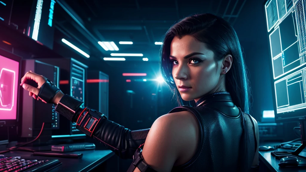 a female scientist, with her back to camera, looking at a large screen, in a dark laboratory, computer monitors, holographic displays, cyberpunk style, detailed face and eyes, long eyelashes, detailed hands, intricate cyberpunk outfit, futuristic technology, neon lights, dramatic lighting, cinematic composition, photorealistic, 8k, (best quality,4k,8k,highres,masterpiece:1.2),ultra-detailed,(realistic,photorealistic,photo-realistic:1.37),HDR,UHD,studio lighting,ultra-fine painting,sharp focus,physically-based rendering,extreme detail description,professional,vivid colors,bokeh
