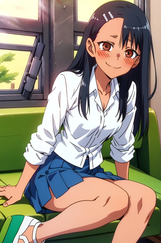 Nagatoro hayase, 1girl, white open shirt, lifting up blue skirt, (visible pussy), smiling, black hair, brown eyes, long hair, sitting, (resting head on hand), leaning towards camera, blush, bare legs, black shoes, , in school, masterpiece, detailed, high quality, (sitting on green couch,green sofa)