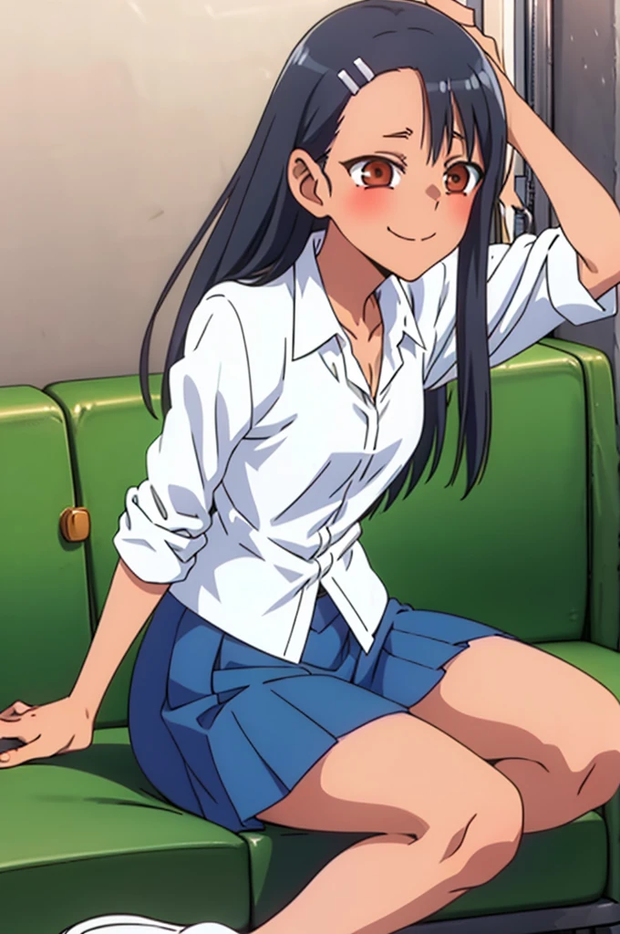 Nagatoro hayase, 1girl, white open shirt, lifting up blue skirt, (visible pussy), smiling, black hair, brown eyes, long hair, sitting, (resting head on hand), leaning towards camera, blush, bare legs, black shoes, , in school, masterpiece, detailed, high quality, (sitting on green couch,green sofa)