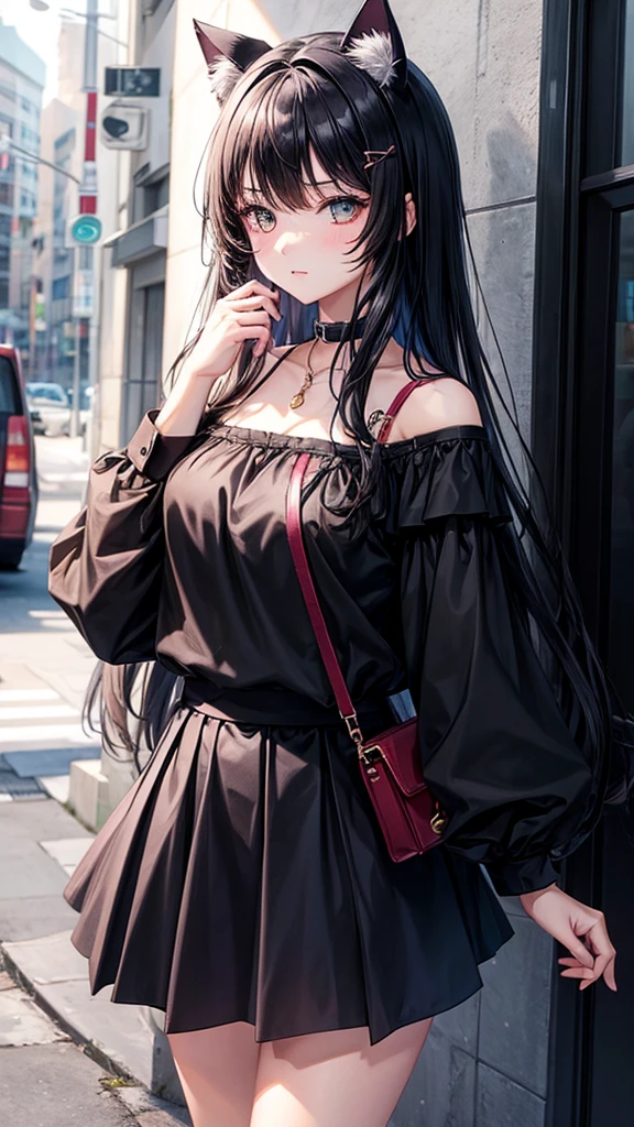 1girl, emo, cat ears, black off-shoulder shirt, skirt