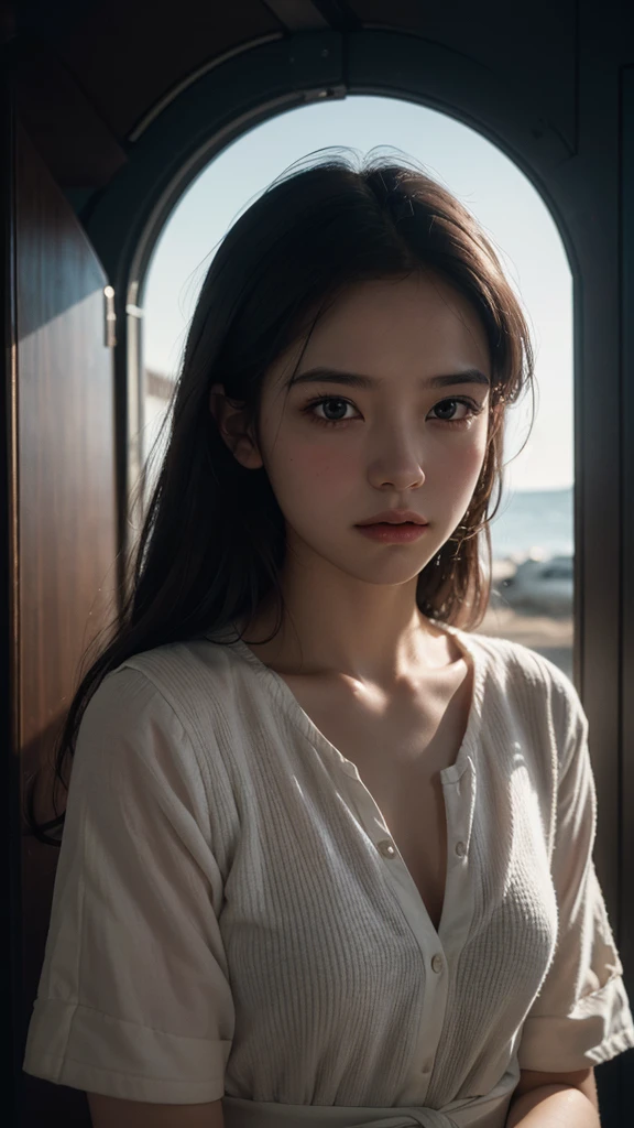 Blushing, One girl, High resolution, look up, accurate, Highest quality, masterpiece, Character portrait, Overexposure, Chiaroscuro, 8k octane, 3D Rendering, Cinematography,
