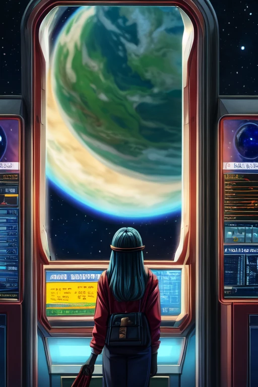 A girl around 13 years old, a little more mature, active and casually dressed, with medium-long ash blue hair and beautiful jade-colored almond eyes, about 125cm tall, in the lobby of an outer space relay spaceport, there are a moderate number of people behind her, there is a check-in counter in the far right corner, a potted plant, a planet can be seen beyond the window on the left, she is pulling a travel cart, standing to the right, facing left and looking out the window, it seems like she is looking down from a little above