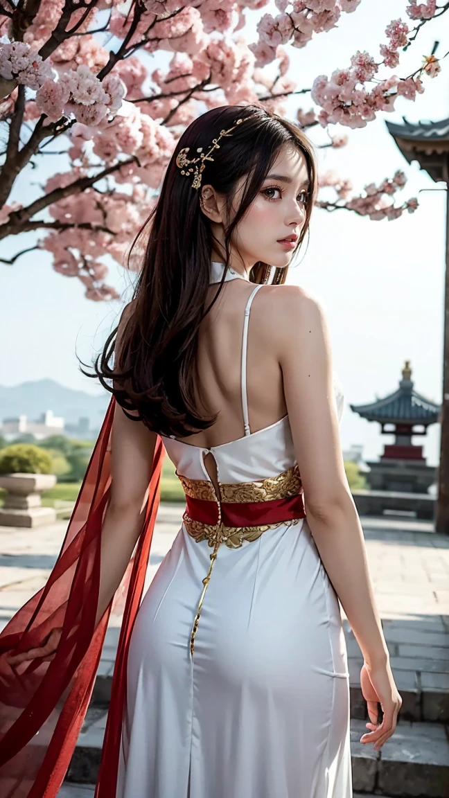 Da Qiao, from the "Romance of the Three Kingdoms" series, is adorned in a luxurious white gown with golden accents and a red silk belt. Her long, dark hair cascades down her back, interwoven with red ribbons. Background Setting: Da Qiao is in an ancient temple courtyard, with stone lanterns, a pagoda, and cherry blossom petals drifting in the wind.