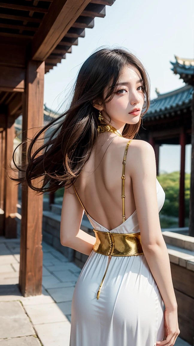 Da Qiao, from the "Romance of the Three Kingdoms" series, is adorned in a luxurious white gown with golden accents and a red silk belt. Her long, dark hair cascades down her back, interwoven with red ribbons. Background Setting: Da Qiao is in an ancient temple courtyard, with stone lanterns, a pagoda, and cherry blossom petals drifting in the wind.