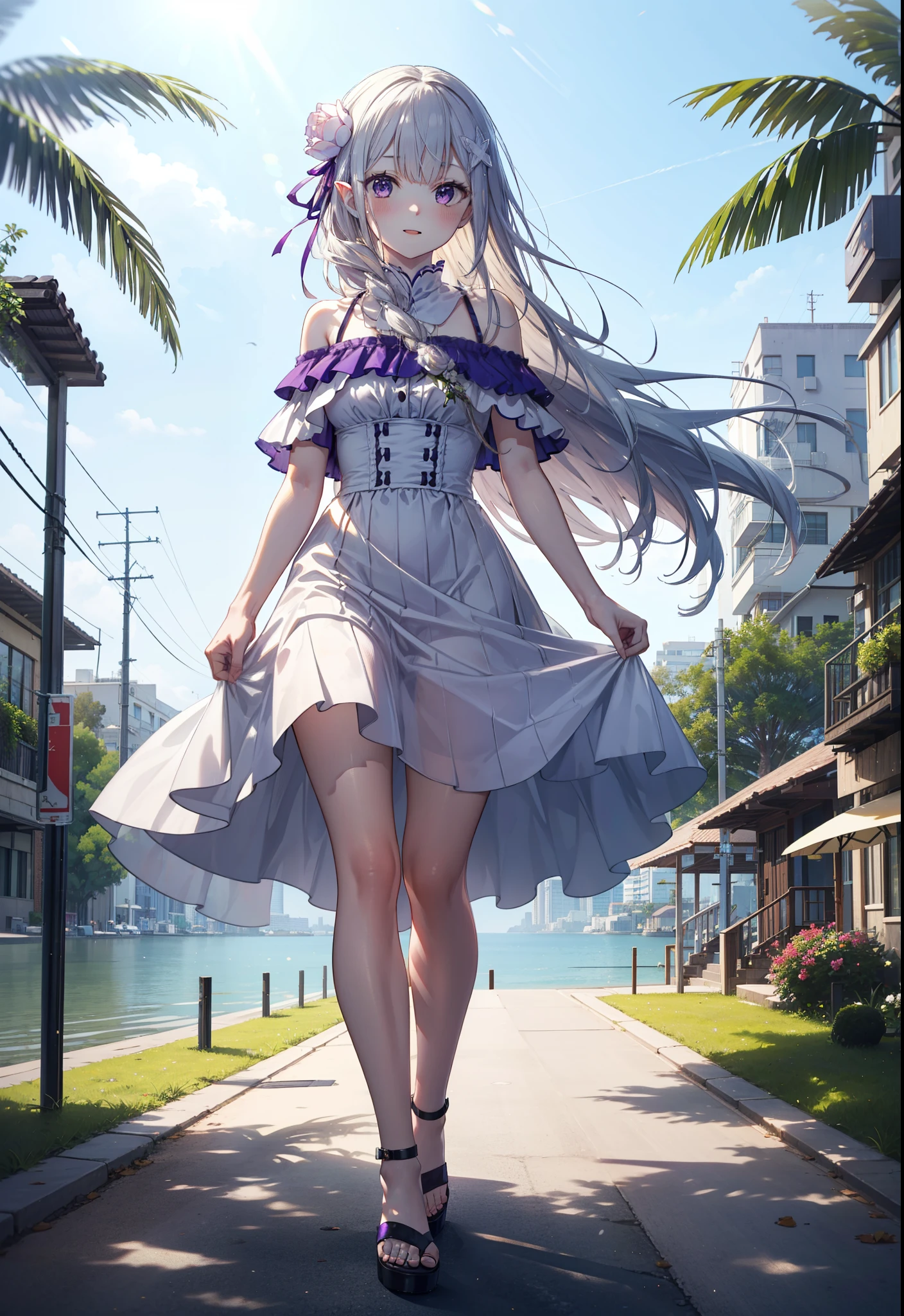 rezeroEmilia, Emilia, Braiding, crown Braiding, flower, hair flower, hair ornaments, Hair Ribbon, Long Hair, low-tied Long Hair, (Purple eyes:1.2), Pointed Ears, white flower, x hair ornaments, Open your mouth,smile,blush,Off-the-shoulder dress,Short sleeve,Long skirt,Heeled Sandals,Walking,Daytime,Clear skies,True Summer,Palm tree,whole bodyがイラストに入るように,
break outdoors, tropical,In town,Coastal Road,
break looking at viewer, whole body,
break (masterpiece:1.2), Highest quality, High resolution, unity 8k wallpaper, (figure:0.8), (Beautiful attention to detail:1.6), Highly detailed face, Perfect lighting, Highly detailed CG, (Perfect hands, Perfect Anatomy),