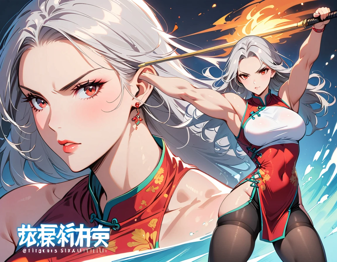 tall beautiful muscular woman and doing a fighting pose, six pack , silver hair and red eyes, Chinese dress crop top, and leggings thigh highs, full body portrait
