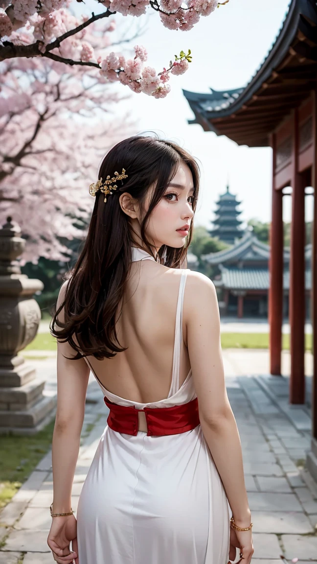 Da Qiao, from the "Romance of the Three Kingdoms" series,massive k-cups,no having clothes, is adorned in a luxurious white gown with golden accents and a red silk belt. Her long, dark hair cascades down her back, interwoven with red ribbons. Background Setting: Da Qiao is in an ancient temple courtyard, with stone lanterns, a pagoda, and cherry blossom petals drifting in the wind.

