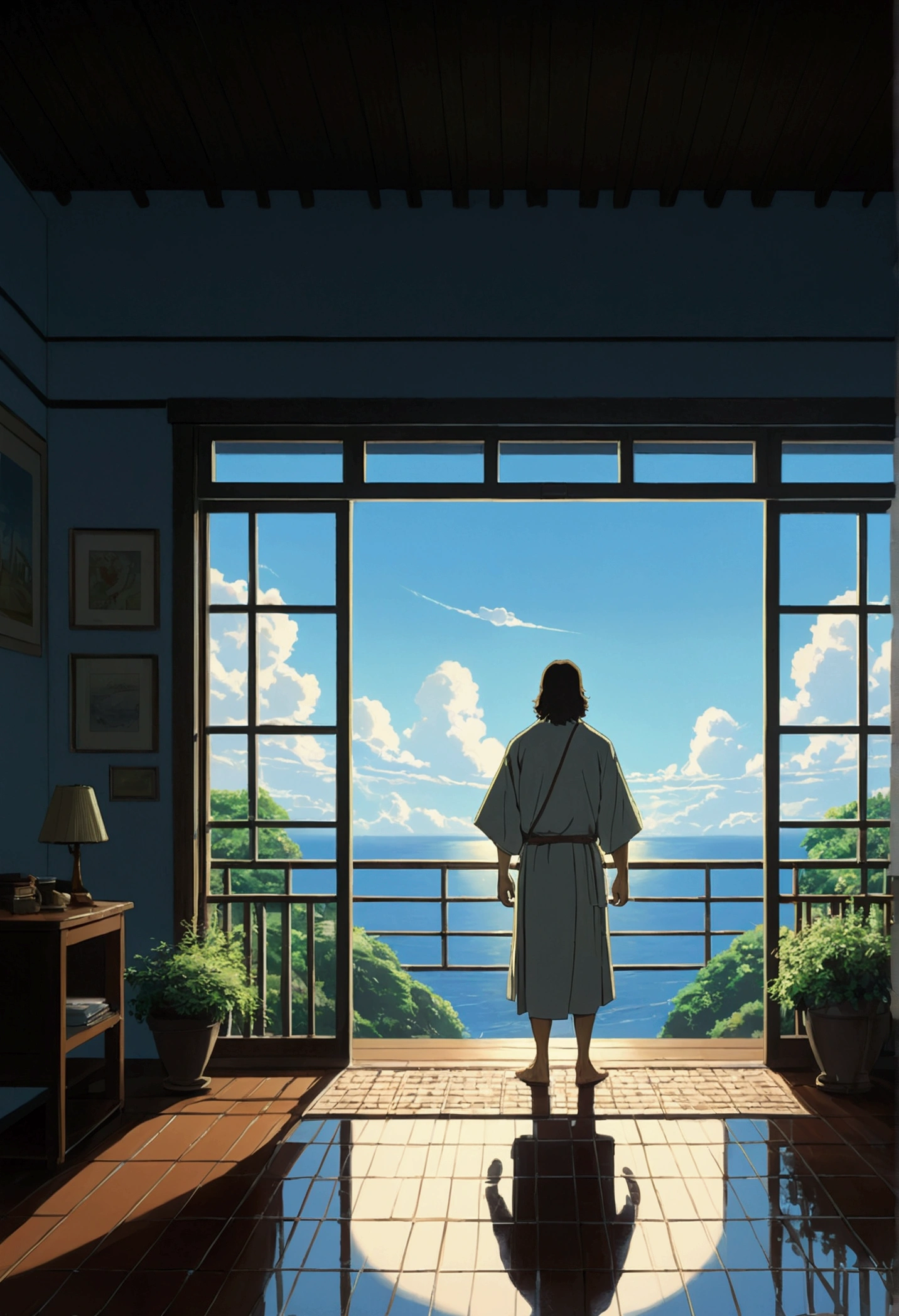 Jesus na Cruz, by makoto shinkai and studio ghibli, outlined silhouettes, dramatic lighting, highy detailed, incredible quality, trends on ArtStation, work of art, 8k