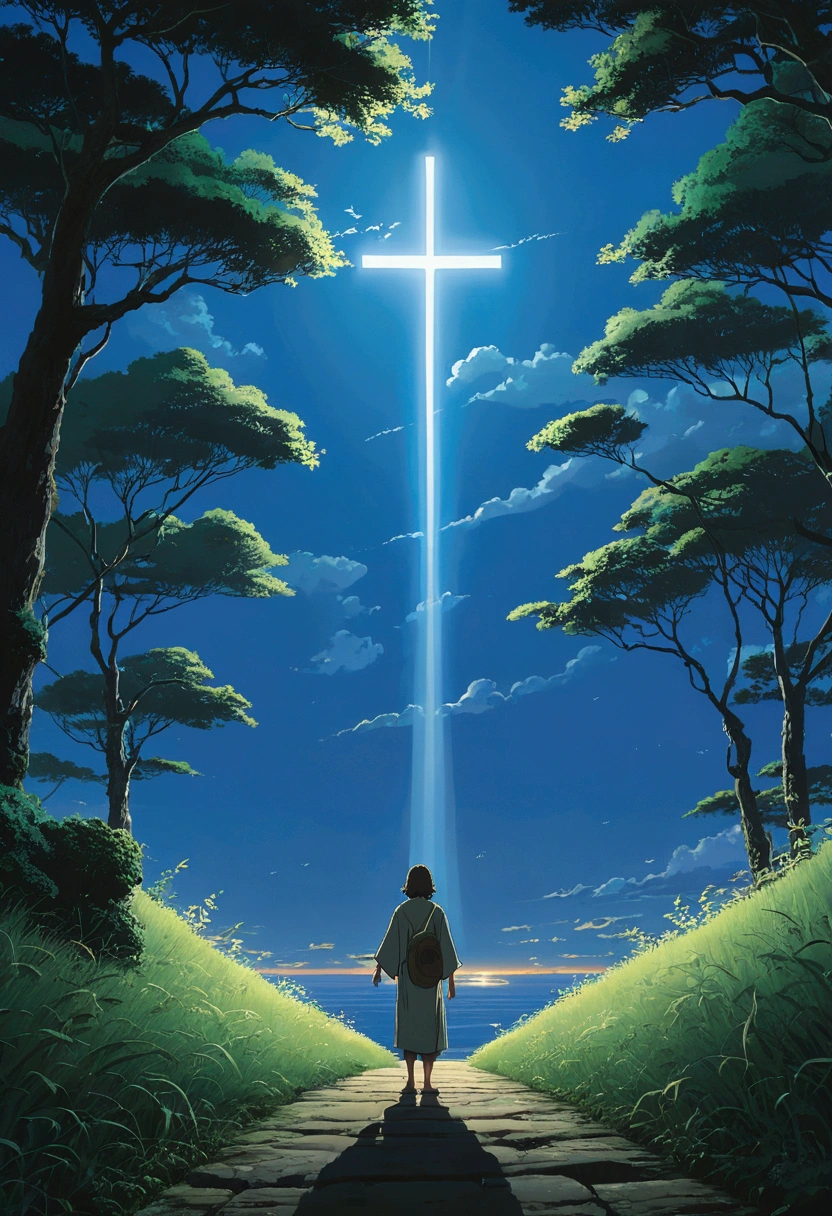 Jesus na Cruz, by makoto shinkai and studio ghibli, outlined silhouettes, dramatic lighting, highy detailed, incredible quality, trends on ArtStation, work of art, 8k