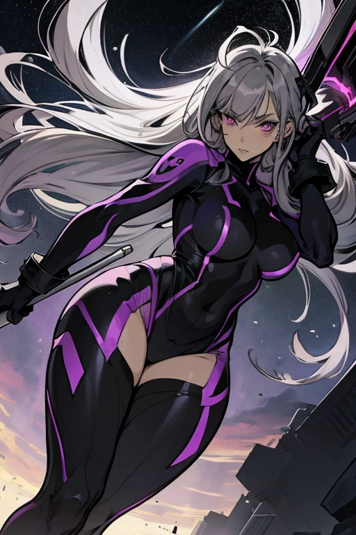 Adult Anime Girl 2d Long Hair Loose light Purple-Grayish, Age Adulthood adult, super hero suit falling from the sky with evil face and big weapon