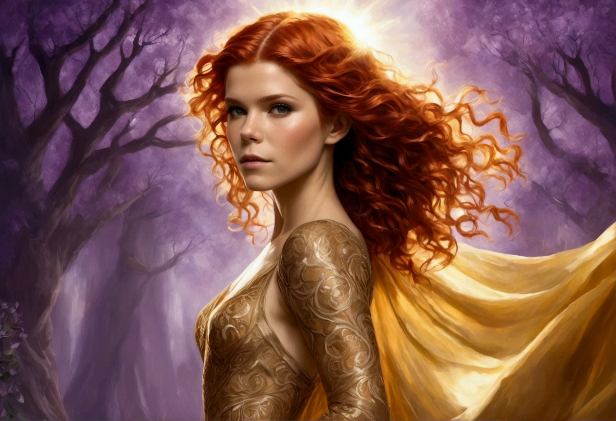 Kate Mara, age 25 (sun elf, almond skin, fire red hair curly, over large violet eyes, sheer golden silk gown with intricate embroidery, no underwear) doing a ritual dance (large exaggerated ballet like movements) to greet the sun, ivy covered shrine, show her from head to toe
Kate Mara, age 25 (sun elf, almond skin, fire red hair curly, over large violet eyes, sheer golden silk gown with intricate embroidery, no underwear) doing a ritual dance (large exaggerated ballet like movements) to greet the sun, ivy covered shrine, show her from head to toe