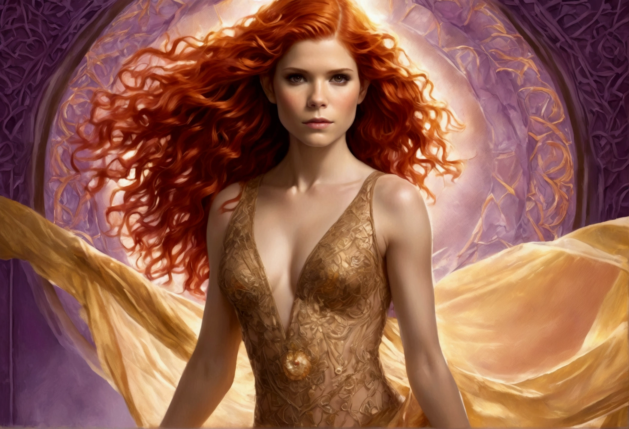 Kate Mara, age 25 (sun elf, almond skin, fire red hair curly, over large violet eyes, sheer golden silk gown with intricate embroidery, no underwear) doing a ritual dance (large exaggerated ballet like movements) to greet the sun, ivy covered shrine, show her from head to toe
Kate Mara, age 25 (sun elf, almond skin, fire red hair curly, over large violet eyes, sheer golden silk gown with intricate embroidery, no underwear) doing a ritual dance (large exaggerated ballet like movements) to greet the sun, ivy covered shrine, show her from head to toe
