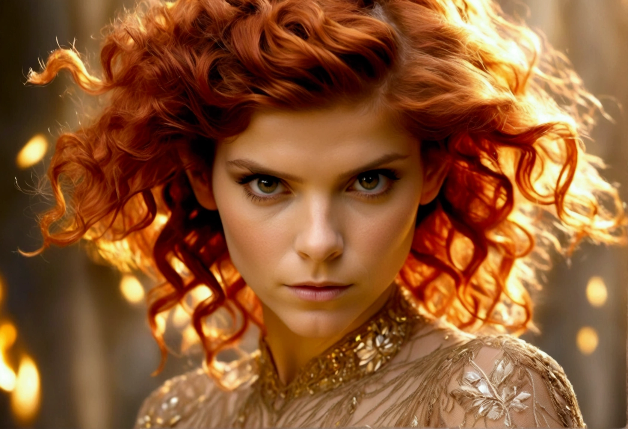 Kate Mara, age 25 (sun elf, almond skin, fire red hair curly, over large violet eyes, sheer golden silk gown with intricate embroidery, no underwear) doing a ritual dance (large exaggerated ballet like movements) to greet the sun, ivy covered shrine, show her from head to toe
