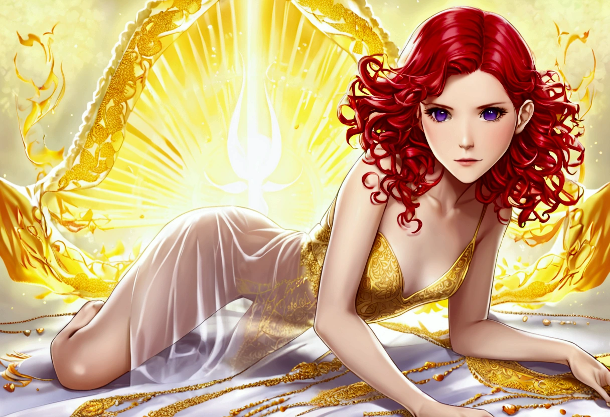 Kate Mara, age 25 (sun elf, almond skin, fire red hair curly, over large violet eyes, sheer golden silk gown with intricate embroidery, no underwear) doing a ritual dance (large exaggerated ballet like movements) to greet the sun, ivy covered shrine, show her from head to toe
