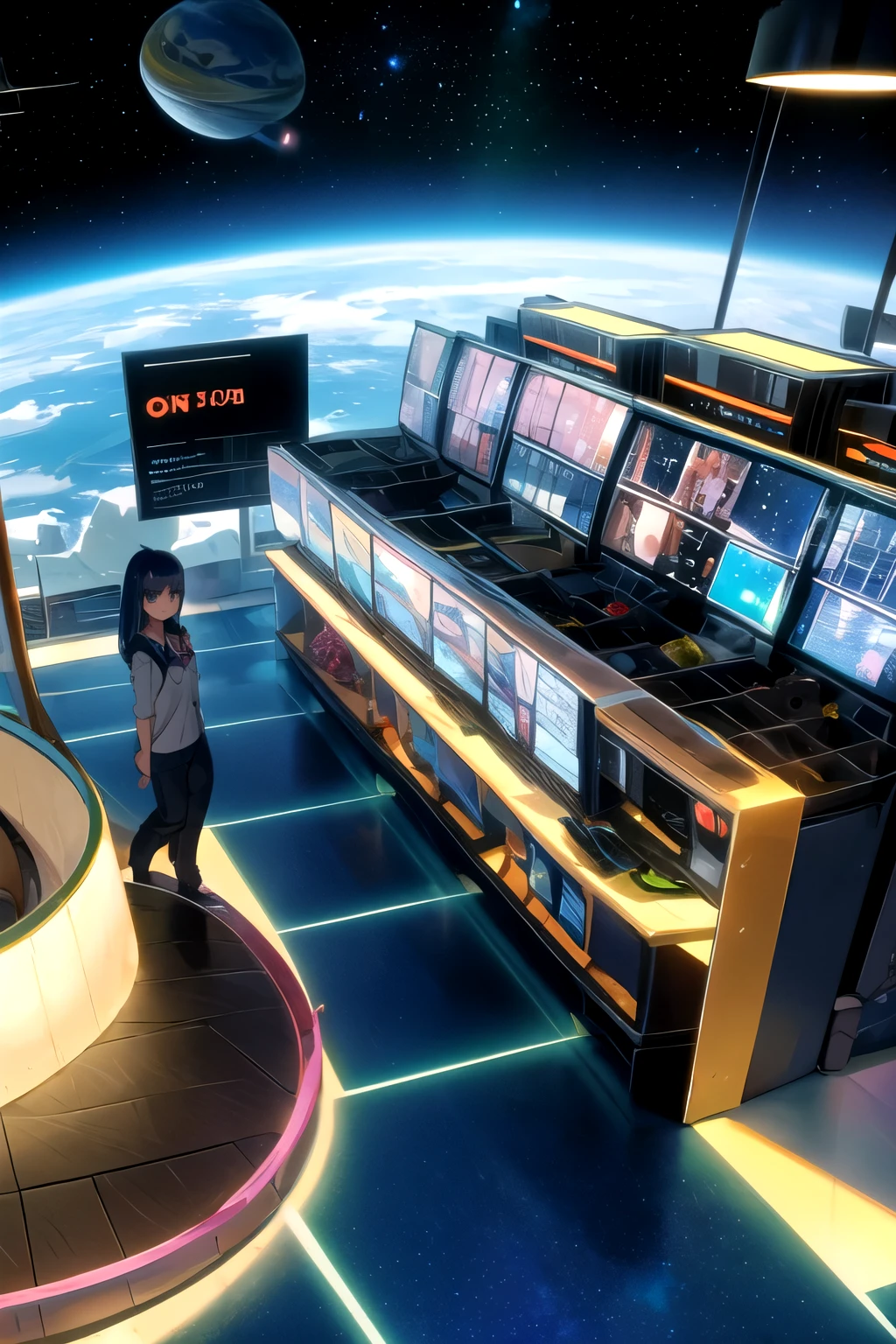 A girl , a little more mature, active and casually dressed, with medium-long ash blue hair and beautiful jade-colored almond eyes, about 125cm tall, in the lobby of an outer space relay spaceport, there are a moderate number of people behind her, there is a check-in counter in the far right corner, a potted plant, a planet can be seen beyond the window on the left, she is pulling a travel cart, standing to the right, facing left and looking out the window, it seems like she is looking down from a little above