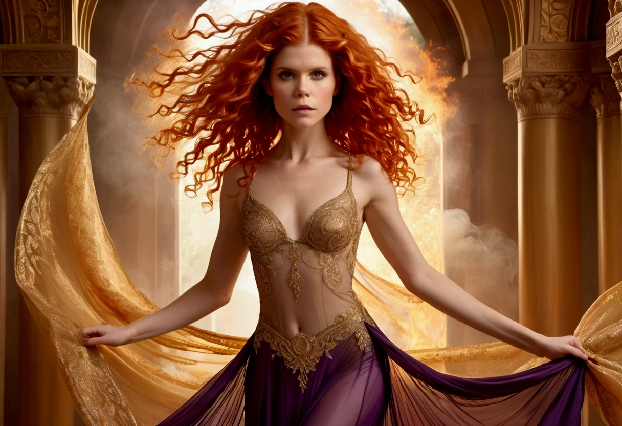 Kate Mara, age 25 (sun elf, almond skin, fire red hair curly, over large violet eyes, sheer golden silk gown with intricate embroidery, no underwear) doing a ritual dance (large exaggerated ballet like movements) to greet the sun, ivy covered shrine, show her from head to toe
