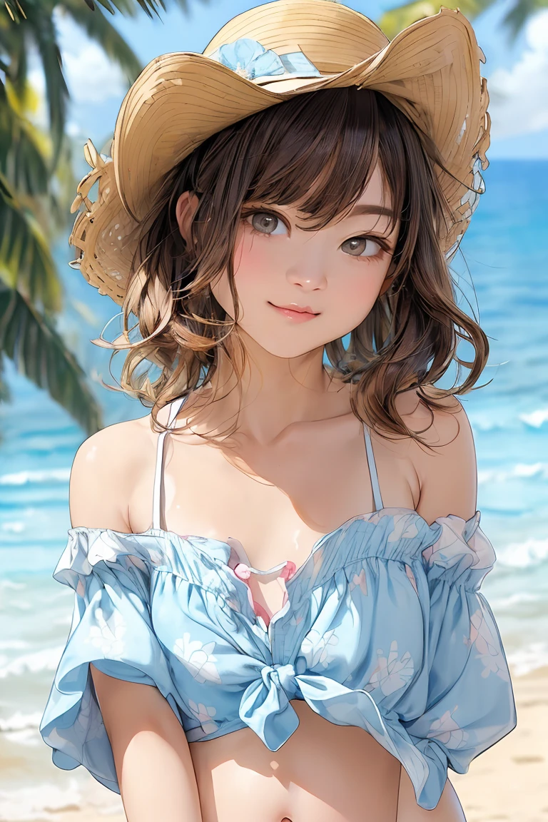  (8K high resolution)，(最high quality)，(RAW quality)，(Cowboy Shot:1.5)，(Realistic, Realistic:1.37)，Very detailed，One Girl，(Very detailedな)，(Big eyes)，(最high quality)，(Very detailed )，(masterpiece)，(Detailed face)，13 years old，1 girl，(Center of chest:1.5)，(Skinny girl:1.6)，(Baby Face:1.5)，(Young Body:1.5)，(Oily and shiny skin:1.5)，(13 years old中学生:1.5)，(Short Woman:1.3)，(Tanned Gal:1.5)，(Healthy tanned skin:1.5)，Center of chest，Perfect lighting，break，(Cute micro swimsuit:1.5)，(pastel colour:1.3)，(pink, Baby Blue, lavender:1.2)，(Small Flower:1.2)，(Given by the regiment:1.2)，(Soft fabric:1.3)，(silk, satin, cotton:1.3)，(Ribbon trim:1.3)，(Triangle bikini top:1.4)，(Micro Bikini:1.4)，(Off-the-shoulder blouse:1.4)，(Crop top:1.4)，(Puff sleeves:1.3)，(Frills:1.3)，brake，(high quality:1.5)，(The upper body and knees are within the frame:1.3)，(Wavy Hair:1.3)，(A kind smile:1.3)，(I tilted my head a little......:1.2)，(please lift your chin:1.2)，(Lift one arm and show your armpit:1.4)，(Hands on hips:1.2)，(Tropical Beach:1.5)，(blue sea:1.4)，(White Sand:1.4)，(Backlight:1.4)，brake，