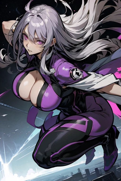 Adult Anime Girl 2d Long Hair Loose light Purple-Grayish, Age Adulthood adult, super hero suit falling from the sky with evil face and big weapon