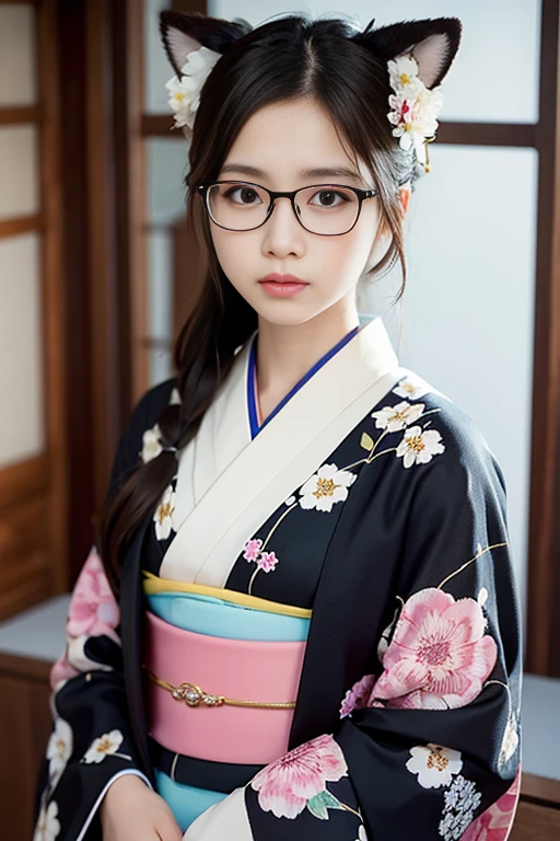 ((Melancholic expression))、((Sad face))、((Angry face))、((Crying face))、(Long black hair)、((Wear glasses))、one girl, (a beauty girl, delicate girl:1.3), (, change:1.3),
break, (Long-sleeved kimono, Flower pattern kimono:1.3),(Brown fox ears)
break, Definition of Very Fine Particles, (Symmetrical eyes:1.3),
break, (alley, Kyoto:1.3), perfectly trimmed fingers,
break, Small breasts, Brown eyes, Parted bangs, Brown Hair,  girl,
break, (Eye and facial details:1.0),
break, (masterpiece, Highest quality, Very detailed, Detailed face, 8k)