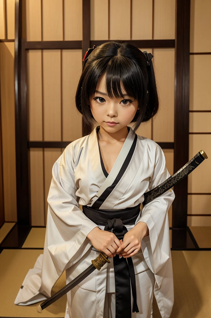 Cute chibi skillful queen holding a long katana (Japanese sowrd). And write "7teen" on her katana (Japanese sword).
