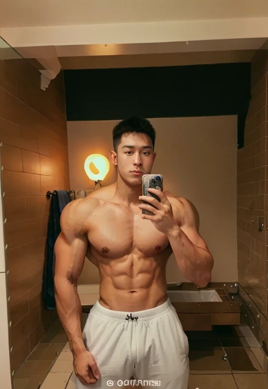 There is a man taking a selfie in the bathroom mirror, Korean Muscular Man 2 1 , Korean Men, thick muscular, 날씬하고 muscular 체격, muscular!!, 2 9 years old, Yanjun Chengt, 2 9 years old, muscular 체격, slim and muscular, exaggerated muscular body, 2 9 years old, 22 years old