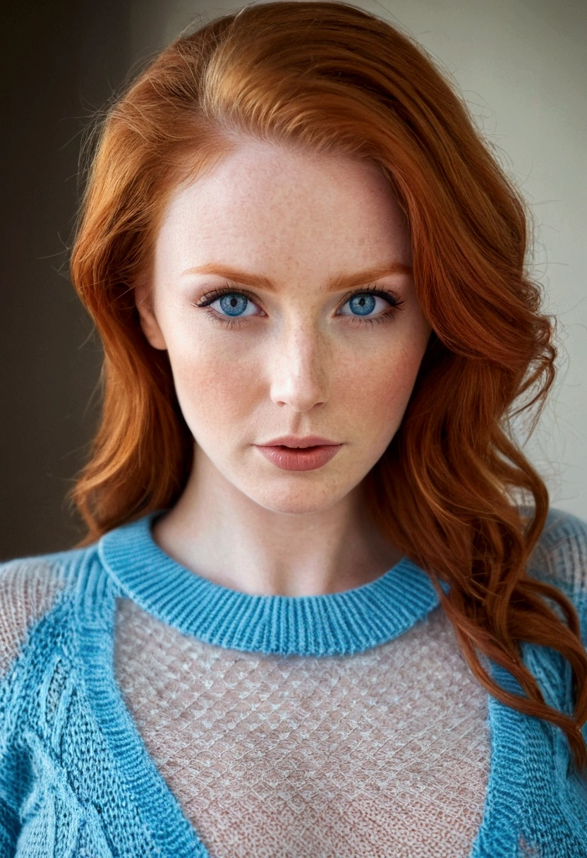 women, big breasts, redhead, blue eyes, transparent sweater, LITTLE BEARD