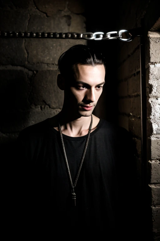 An image of a thin man in a dark basement, with a chain around the neck that is attached to the wall. The man holds a phone that illuminates his face and the surrounding area, adding a touch of mystery. The image should have a grain effect, a high but soft exposure, and the chain should reflect the light in an interesting way.