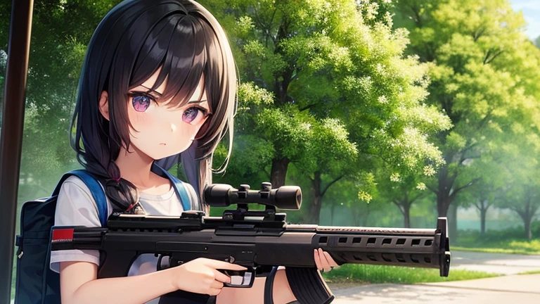 1 girl,Female college student,,Serious face,He has a rifle with a colorful handle and scope.,School corridor,There'There was an explosion behind,4K,Highest quality,