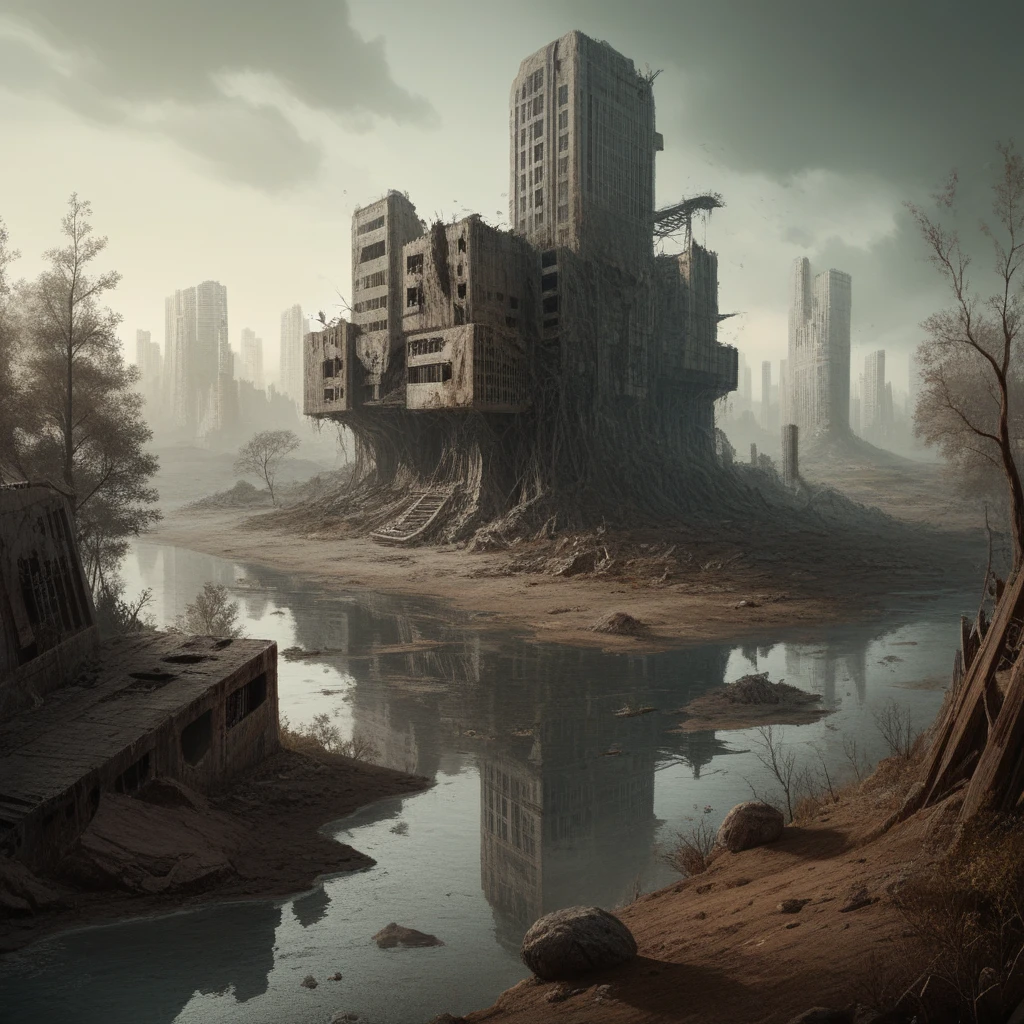 realistic scenery, hyper detailed, Post-apocalyptic, mostly covered with water, An artificial island, detailed, great quality, good quality, full of buildings, destroyed buildings, ready, more darkness, dark scenario, Post apocalypse, Nebula, Darker, without many trees